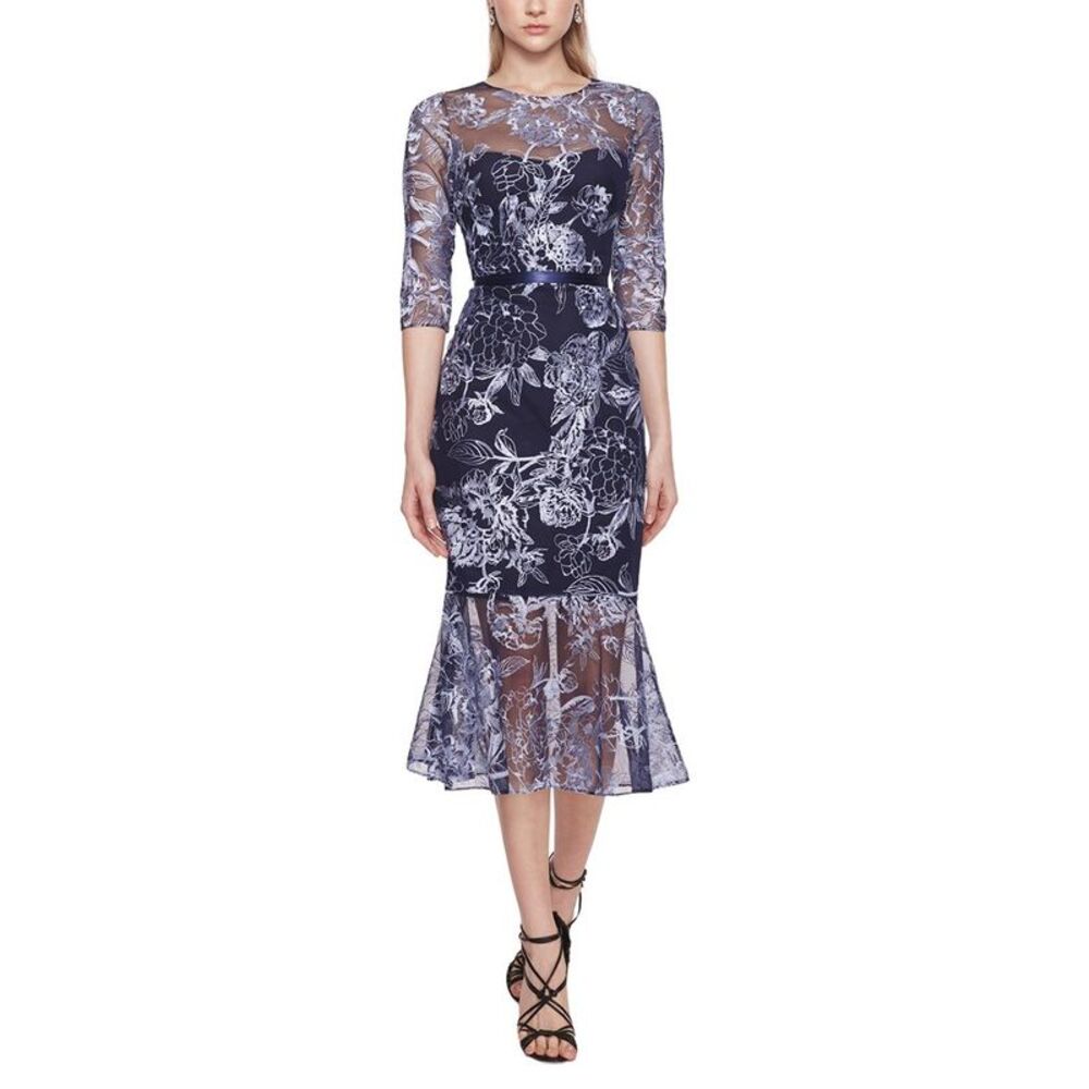 Marchesa Notte Womens Midi Dress, Blue